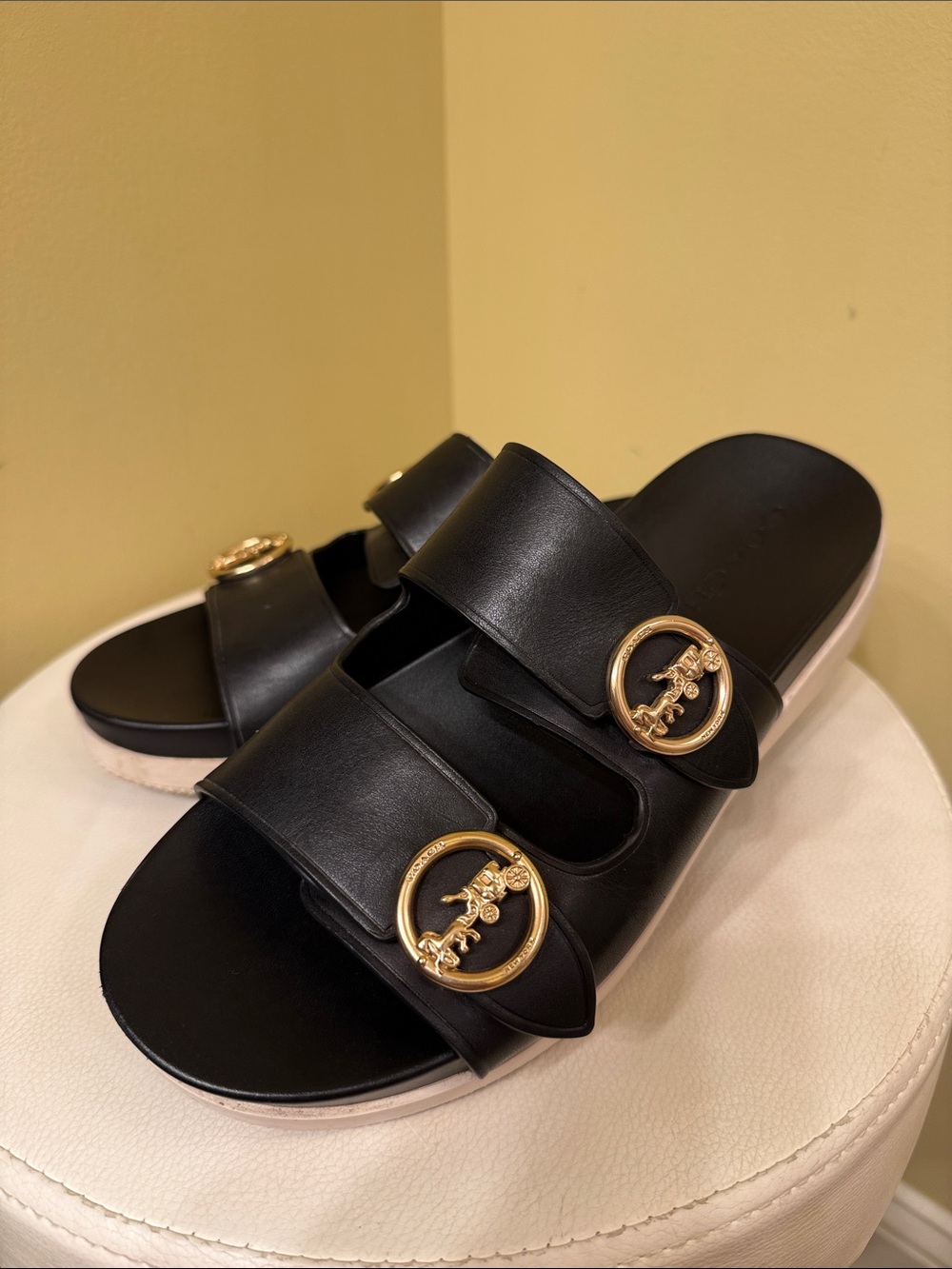 Coach Black Slide Sandals with Gold Buckle Hardware
